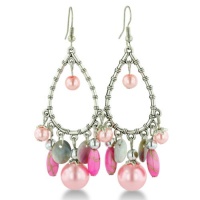 Pink Beaded Faux Pearl Silver Tone 2 1/2 Inch Bamboo Dangle Pear Drop Earrings