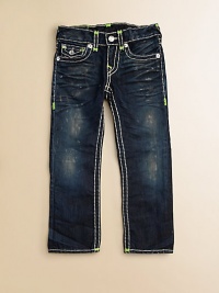 Thick, contrast stitching with neon bartacks, silvertone hardware and signature horseshoe pockets define this slim-fitting, dark wash pair.Front button closureAdjustable waistband with belt loopsZip flyFive-pocket styleCottonMachine washImported of domestic fabric Thick, contrast stitching with neon bartacks, silvertone hardware and signature horseshoe pockets define this slim-fitting, dark wash pair.Front button closureAdjustable waistband with belt loopsZip flyFive-pocket styleCottonMachine washImported of domestic fabric
