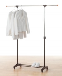 Create more closet space instantly or simply expand your storage space. Quick to assemble and even easier to use, this rolling rack features an expandable bar for hanging garments of all shapes and sizes. Create more closet space instantly or simply expand your storage space. Quick to assemble and even easier to use, this rolling rack features an expandable bar for hanging garments of all shapes and sizes.