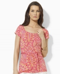 A vibrant pattern enlivens the ultra-soft Lauren by Ralph Lauren petite top, rendered with a chic scoop neckline and slim tie at the waist. A vibrant pattern enlivens the ultra-soft Lauren by Ralph Lauren petite top, rendered with a chic scoop neckline and slim tie at the waist.