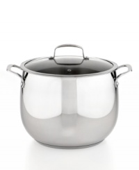 Kitchen stocked! Prep quick, dish it out & clean up easily with this stainless steel dishwasher-safe kitchen essential. With an aluminum encapsulated impact-bonded base, this pot heats up fast & evenly with a bell-shaped body that enhances moisture circulation for tender, flavor-rich results. Limited lifetime warranty. Kitchen stocked! Prep quick, dish it out & clean up easily with this stainless steel dishwasher-safe kitchen essential. With an aluminum encapsulated impact-bonded base, this pot heats up fast & evenly with a bell-shaped body that enhances moisture circulation for tender, flavor-rich results. Limited lifetime warranty.