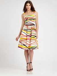 Colorfully printed cotton in a pleated style, cinched at the waist with a narrow belt.Square necklineSleevelessNarrow beltPleated skirtBack cutout with bow detailAbout 24 from natural waist97% cotton/3% spandexDry cleanMade in USA of imported fabricModel shown is 5'10 (177cm) wearing US size 4. Colorfully printed cotton in a pleated style, cinched at the waist with a narrow belt.Square necklineSleevelessNarrow beltPleated skirtBack cutout with bow detailAbout 24 from natural waist97% cotton/3% spandexDry cleanMade in USA of imported fabricModel shown is 5'10 (177cm) wearing US size 4.
