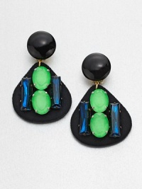 A large, colorful piece with faceted stones in a high-contrast, drop design. Glass and resin stonesPolyurethane coated nylon fabricDrop, about 7 Clip-on backMade in Italy A large, colorful piece with faceted stones in a high-contrast, drop design. Glass and resin stonesPolyurethane coated nylon fabricDrop, about 7 Clip-on backMade in Italy