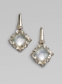 A ruffle of sterling silver frames a faceted mother-of-pearl cushion with a clear quartz overlay. Mother-of-pearl Clear quartz Sterling silver Drop, about 1¼ Post and hinge back Imported