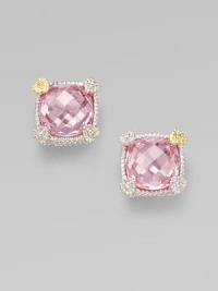 From the Linen Collection. A radiantly faceted pink crystal is cradled in a sterling silver setting, with heart-shaped prongs, one of yellow gold with a diamond accent. Diamonds, 0.008 tcw Pink crystal Sterling silver and 18k yellow gold About ½ square Post back Imported From the Linen Collection. A radiantly faceted pink crystal is cradled in a sterling silver setting, with heart-shaped prongs, one of yellow gold with a diamond accent. Diamonds, 0.008 tcw Pink crystal Sterling silver and 18k yellow gold About ½ square Post back Imported