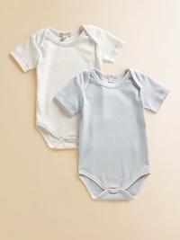 Comfy baby basics in soft cotton knit, offering one dot and one solid design.Envelope shoulders for easy on and off Short sleeves Snap bottom Cotton; machine wash Imported Comfy baby basics in soft cotton knit, offering one dot and one solid design.Envelope shoulders for easy on and off Short sleeves Snap bottom Cotton; machine wash Imported