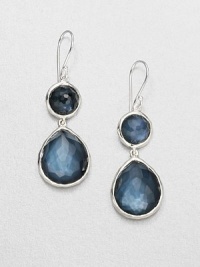 From the Wonderland Collection. Rich, faceted indigo doublets set in hammered sterling silver in a snowman drop design. Indigo doubletSterling silverDrop, about 1.8Hook backImported 