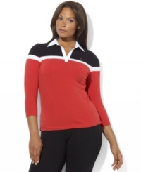 Rendered in soft stretch cotton jersey, Lauren Ralph Lauren's three-quarter-sleeved polo shirt is crafted with a windbreaker-inspired microfiber collar for athletic style. Rendered in soft stretch cotton jersey, Lauren Ralph Lauren's three-quarter-sleeved polo shirt is crafted with a windbreaker-inspired microfiber collar for athletic style.