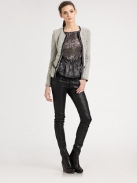 Buttery, contrasting leather trim adds a touch of shimmer to this textured, tweed-like jacket. RoundneckLong sleevesZippered slash pocketsFront zipperAbout 22 from shoulder to hemBody: 56% nylon/44% woolTrim: LeatherDry clean with leather specialistImportedModel shown is 5'10 (177cm) wearing US size Medium. Buttery, contrasting leather trim adds a touch of shimmer to this textured, tweed-like jacket. RoundneckLong sleevesZippered slash pocketsFront zipperAbout 22 from shoulder to hemBody: 56% nylon/44% woolTrim: LeatherDry clean with leather specialistImportedModel shown is 5'10 (177cm) wearing US size Medium.