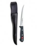 Get some game! Perfect for the outdoors, this durable knife serves up expertly sliced fish, meat and game and stores neatly in the rustic leather sheath.  The extra-thin forged stainless steel blade maneuvers around bones and cartilage for a masterful cut above the rest. Lifetime warranty.