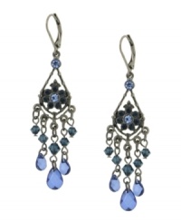 From out of the blue and into your wardrobe. Accentuate any outfit with 2028's chic chandeliers. Earrings highlight multicolored blue crystals suspended from a silver tone mixed metal leverback setting. Approximate drop: 2-3/4 inches. From out of the blue and into your wardrobe. Accentuate any outfit with 2028's chic chandeliers. Earrings highlight multicolored blue crystals suspended from a silver tone mixed metal leverback setting. Approximate drop: 2-3/4 inches.