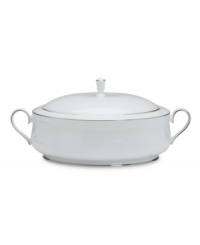 Timeless and refined, the Hannah Platinum pattern is crafted of pure white bone china embossed with a subtle palmetto-leaf design and banded in platinum. Timeless and refined, the Hannah Platinum pattern is crafted of pure white bone china embossed with a subtle palmetto-leaf design and banded in platinum.