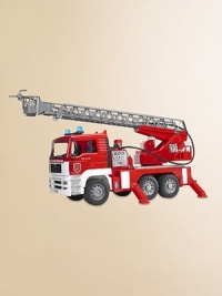 Incredibly realistic 1:16 scale model provides hours of imaginative play, with extension ladder, water pump, lights and sirens plus opening doors, lift-up hood displaying engine block and folding side mirror.Plastic About 18½L X 7W X 9½H Recommended for ages 4 and up Requires AAA batteries, not included Made in Germany Incredibly realistic 1:16 scale model provides hours of imaginative play, with extension ladder, water pump, lights and sirens plus opening doors, lift-up hood displaying engine block and folding side mirror.Plastic About 18½L X 7W X 9½H Recommended for ages 4 and up Requires AAA batteries, not included Made in Germany