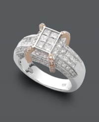 Take your typical diamond ring to the next level with this perfectly-patterned piece. Crafted from 14k white gold and 14k rose gold, ring highlights a rectangular-shaped design adorned by square and round-cut diamonds (1 ct. t.w.). Take your typical diamond ring to the next level with this perfectly-patterned piece. Crafted from 14k white gold and 14k rose gold, ring highlights a rectangular-shaped design adorned by square and round-cut diamonds (1 ct. t.w.).