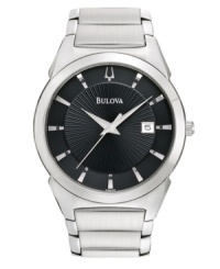 Set the standard for style with this timeless watch by Bulova. Stainless steel bracelet and round case. Textured black dial features applied silver tone stick indices, date window at three o'clock, three hands and logo. Quartz movement. Water resistant to 30 meters. Three-year limited warranty. Set the standard for style with this timeless watch by Bulova. Stainless steel bracelet and round case. Textured black dial features applied silver tone stick indices, date window at three o'clock, three hands and logo. Quartz movement. Water resistant to 30 meters. Three-year limited warranty.