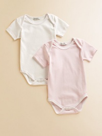 Comfy baby basics in soft cotton knit, offering one dot and one solid design.Envelope shoulders for easy on and off Short sleeves Snap bottom Cotton; machine wash Imported Comfy baby basics in soft cotton knit, offering one dot and one solid design.Envelope shoulders for easy on and off Short sleeves Snap bottom Cotton; machine wash Imported