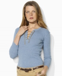 Lauren by Ralph Lauren's fine-ribbed cotton petite tee is finished with chic three-quarter-length sleeves and a lace-up placket for a feminine look. Lauren by Ralph Lauren's fine-ribbed cotton petite tee is finished with chic three-quarter-length sleeves and a lace-up placket for a feminine look.