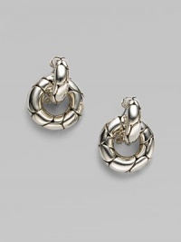 From the Kali Collection. Textured sterling silver in two chunky intertwined loops that create a doorknocker look. Sterling silver Length, about 1 Post-and-hinge back Made in Bali From the Kali Collection. Textured sterling silver in two chunky intertwined loops that create a doorknocker look. Sterling silver Length, about 1 Post-and-hinge back Made in Bali