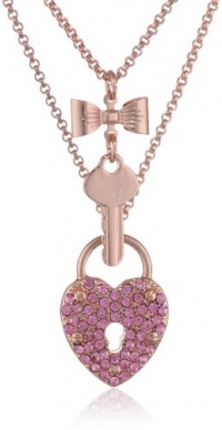 Betsey Johnson Rose Gold Boost Pave Heart Lock and Key 2 Row Necklace, 19 Betsey Johnson Rose Gold Boost Pave Heart Lock and Key 2 Row Necklace, 19