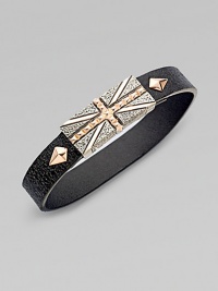 From the Alchemy in the UK Collection. A bold Union Jack of sterling silver, textured, studded and finished with rose goldplatng on a black leather strap.Sterling silverRose goldplatedLeatherLength, about 8½Magnetic claspImported