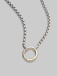 A simple ring of 18k gold hangs from a sterling silver box chain, lovely on its own, even lovelier when you add a dazzling charm. Sterling silver and 18k yellow gold Chain length, about 24 Pendant diameter, about ½ Lobster clasp Imported A simple ring of 18k gold hangs from a sterling silver box chain, lovely on its own, even lovelier when you add a dazzling charm. Sterling silver and 18k yellow gold Chain length, about 24 Pendant diameter, about ½ Lobster clasp Imported