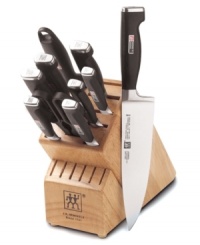 Experience four-star performance from Henckels, the legendary German knife-maker. This essential cutlery set features blades precision forged from a single piece of exclusive high-carbon, stain-free steel and ice-hardened for ultimate sharpness and precise control. Lifetime warranty. Experience four-star performance from Henckels, the legendary German knife-maker. This essential cutlery set features blades precision forged from a single piece of exclusive high-carbon, stain-free steel and ice-hardened for ultimate sharpness and precise control. Lifetime warranty.