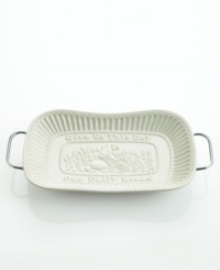 Appropriately embossed with Give Us This Day, Our Daily Bread, this porcelain bread tray warms your table with traditional charm. Beaded and fluted, the ornate rim frames the famous phrase and a field of wheat. Set in a metal rack. Appropriately embossed with Give Us This Day, Our Daily Bread, this porcelain bread tray warms your table with traditional charm. Beaded and fluted, the ornate rim frames the famous phrase and a field of wheat. Set in a metal rack.