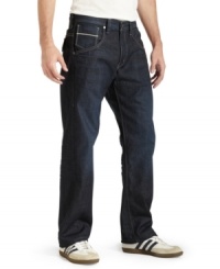 Tired of those too-skinny blues? Keep it loose and laid back with these straight-fit jeans from Levi's. Tired of those too-skinny blues? Keep it loose and laid back with these straight-fit jeans from Levi's.