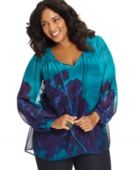 Infuse elegance to your casual wardrobe with Jones New York Signature's printed plus size peasant top. Infuse elegance to your casual wardrobe with Jones New York Signature's printed plus size peasant top.