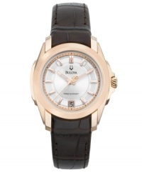 Rose-tinted goldtone and supple leather combine to create this classically handsome Bulova timepiece. A member of the Precisionist collection, this watch keeps time accurate to ten seconds a year with a continuously sweeping second hand. Round rose goldtone stainless steel case and brown leather strap. Silvertone sunray-patterned dial features rose goldtone stick indices, luminous hands, date window at six o'clock and logo. Quartz movement. Water resistant to 30 meters. Three-year limited warranty. Rose-tinted goldtone and supple leather combine to create this classically handsome Bulova timepiece. A member of the Precisionist collection, this watch keeps time accurate to ten seconds a year with a continuously sweeping second hand. Round rose goldtone stainless steel case and brown leather strap. Silvertone sunray-patterned dial features rose goldtone stick indices, luminous hands, date window at six o'clock and logo. Quartz movement. Water resistant to 30 meters. Three-year limited warranty.