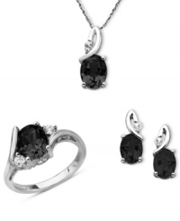 Nothing but class. This three-piece jewelry set features a pendant, ring and drop earrings that highlight oval-cut onyx (5-1/5 ct. t.w.) and round-cut white topaz (3/8 ct. t.w.). Set in sterling silver. Approximate length (pendant): 18 inches. Approximate drop (pendant): 3/4 inch. Ring Size 7. Nothing but class. This three-piece jewelry set features a pendant, ring and drop earrings that highlight oval-cut onyx (5-1/5 ct. t.w.) and round-cut white topaz (3/8 ct. t.w.). Set in sterling silver. Approximate length (pendant): 18 inches. Approximate drop (pendant): 3/4 inch. Ring Size 7.