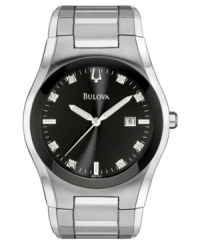 Gleaming perfection. This Bulova watch features a stainless steel bracelet and round case. Black dial with eight diamond accents at indices, logo and date window. Quartz movement. Water resistant to 30 meters. Three-year limited warranty. Gleaming perfection. This Bulova watch features a stainless steel bracelet and round case. Black dial with eight diamond accents at indices, logo and date window. Quartz movement. Water resistant to 30 meters. Three-year limited warranty.