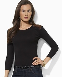 Cut in a relaxed, feminine silhouette, a supremely soft ribbed cotton top is finished with faux-suede patches and stitching at the shoulders for a chic, rustic vibe. Cut in a relaxed, feminine silhouette, a supremely soft ribbed cotton top is finished with faux-suede patches and stitching at the shoulders for a chic, rustic vibe.