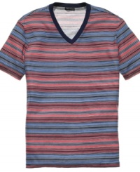 Add some variety to your v-neck. This multi-striped t-shirt from Sons of Intrigue will fit your sun-ready style to a tee. Add some variety to your v-neck. This multi-striped t-shirt from Sons of Intrigue will fit your sun-ready style to a tee.