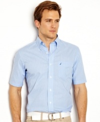 Clean up your casual look with the preppy polish of this windowpane check shirt from Nautica. Clean up your casual look with the preppy polish of this windowpane check shirt from Nautica.