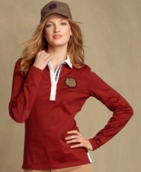 Inspired by a sporty rugby shirt, Tommy Hilfiger's henley top features an embroidered logo patch at the chest and a contrasting collar for on-point style. (Clearance) Inspired by a sporty rugby shirt, Tommy Hilfiger's henley top features an embroidered logo patch at the chest and a contrasting collar for on-point style. (Clearance)