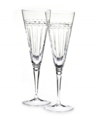 Inspired by vintage wedding bands, the chic vertical cuts complement the simple geometric design that rings the top of this sophisticated collection of toasting flutes. Inspired by vintage wedding bands, the chic vertical cuts complement the simple geometric design that rings the top of this sophisticated collection of toasting flutes.