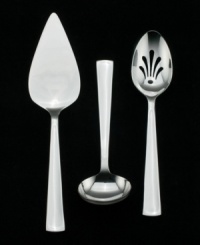 Softly angular, this unique flatware set features a gently dipped handle design with subtle embossed arches. Includes a cake server, gravy ladle and pierced tablespoon. Softly angular, this unique flatware set features a gently dipped handle design with subtle embossed arches. Includes a cake server, gravy ladle and pierced tablespoon.