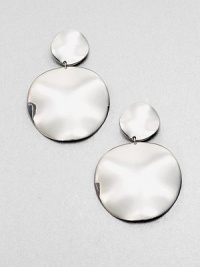 A modern snowman design in polished sterling silver, cleverly crafted of two undulating discs. Sterling silver Diameter large disc, about 1 Drop, about 1¾ Post back Imported A modern snowman design in polished sterling silver, cleverly crafted of two undulating discs. Sterling silver Diameter large disc, about 1 Drop, about 1¾ Post back Imported