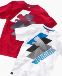 Puma coming and going: A two-in-one spliced Slider T-Shirt that proudly puts its Puma logo front and center-and adds another Puma cat on the upper back. (Clearance) Puma coming and going: A two-in-one spliced Slider T-Shirt that proudly puts its Puma logo front and center-and adds another Puma cat on the upper back. (Clearance)