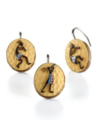 Revered by Native Americans, Kokopelli gives your bathroom an authentically Southwestern vibe. The dancing deity strikes a pose against the dimpled shower curtain hooks. Revered by Native Americans, Kokopelli gives your bathroom an authentically Southwestern vibe. The dancing deity strikes a pose against the dimpled shower curtain hooks.