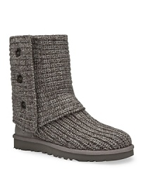 Knit fabric upper, flex rubber sole. Suede trim. Shearling footbed, functional buttons. Can be worn cuffed or not. Knit fabric upper, flex rubber sole. Suede trim. Shearling footbed, functional buttons. Can be worn cuffed or not.