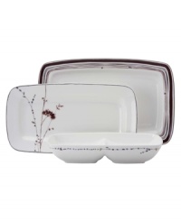 Serve it all up in style! This compact, stackable set includes entertaining essentials to fit every occasion: one 15 rectangular platter, one divided server and one hors d'oeuvre tray. Coordinates with the beautiful Flourish dinnerware from Lenox Simply Fine. Serve it all up in style! This compact, stackable set includes entertaining essentials to fit every occasion: one 15 rectangular platter, one divided server and one hors d'oeuvre tray. Coordinates with the beautiful Flourish dinnerware from Lenox Simply Fine.