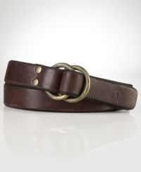 A nod to vintage work-wear, this burnished leather belt features an oxidized brass double-ring closure for vintage appeal. A nod to vintage work-wear, this burnished leather belt features an oxidized brass double-ring closure for vintage appeal.