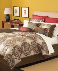 Eastern-inspired medallion designs pop with hints of vibrant red and metallic threads over sumptuous neutral colors. The Brick Lane comforter set from Martha Stewart Collection combines these lush colors with detailed embroidery and smooth ribbon trims upon accent pieces for a hint of feminine allure. Eastern-inspired medallion designs pop with hints of vibrant red and metallic threads over sumptuous neutral colors. The Brick Lane comforter set from Martha Stewart Collection combines these lush colors with detailed embroidery and smooth ribbon trims upon accent pieces for a hint of feminine allure.