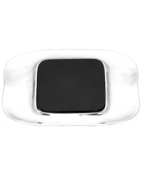 Pretty and polished, this Organics cheese and cracker tray from Lenox combines a natural shape in bright aluminum with a playful ruffled edge. A slab of black marble provides the perfect cutting surface.