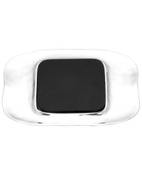 Pretty and polished, this Organics cheese and cracker tray from Lenox combines a natural shape in bright aluminum with a playful ruffled edge. A slab of black marble provides the perfect cutting surface.