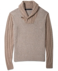 A retro shawl neck and a modern color block design pair up perfectly in this handsome Sean John sweater. A retro shawl neck and a modern color block design pair up perfectly in this handsome Sean John sweater.