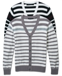 Pair this Sean John striped cardigan with your favorite tee and jeans for a stylish laid back look. Pair this Sean John striped cardigan with your favorite tee and jeans for a stylish laid back look.