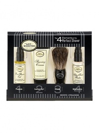 The 4 Elements of The Perfect Shave combine The Art of Shaving's high quality products, handcrafted accessories and expert shaving technique to provide optimal shaving results while helping against ingrown hairs, razor burn, and nicks and cuts. The Starter Kit offers one week's worth of essentials for a close and comfortable shave. Set includes: 0.5 oz. Pre-Shave Oil, 1 oz. Shaving Cream, 0.5 oz. After-Shave Balm and Trial Size Badger Shaving Brush. The 4 Elements of The Perfect Shave combine The Art of Shaving's high quality products, handcrafted accessories and expert shaving technique to provide optimal shaving results while helping against ingrown hairs, razor burn, and nicks and cuts. The Starter Kit offers one week's worth of essentials for a close and comfortable shave. Set includes: 0.5 oz. Pre-Shave Oil, 1 oz. Shaving Cream, 0.5 oz. After-Shave Balm and Trial Size Badger Shaving Brush.
